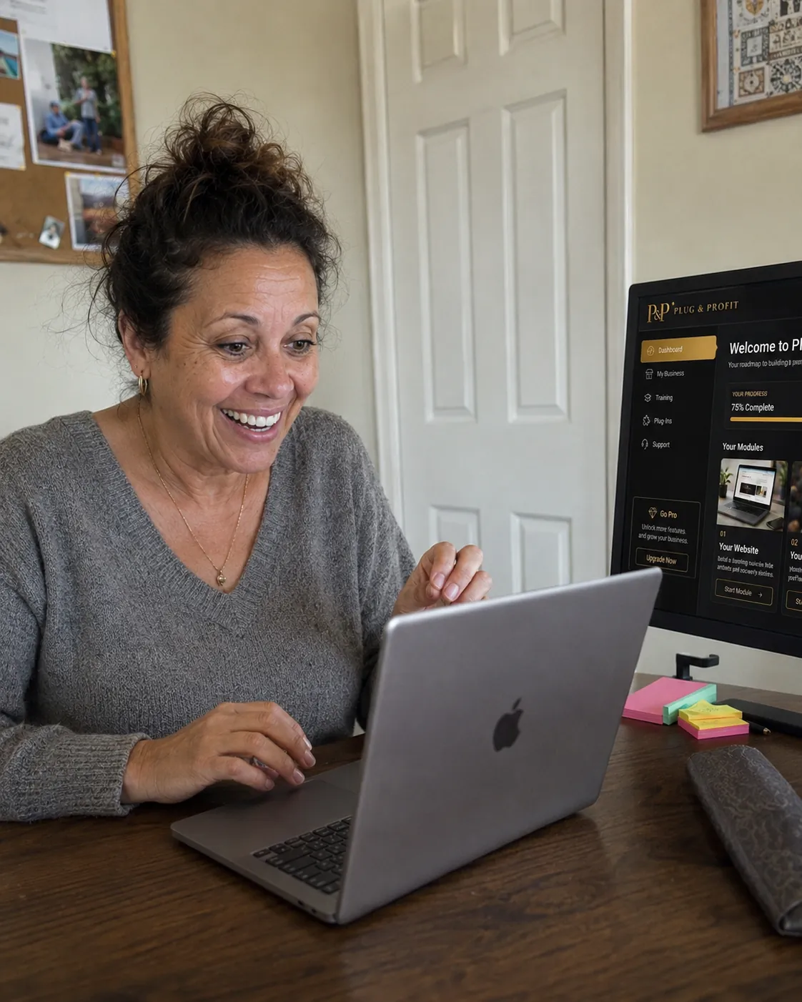 Woman smiling at her laptop and dashboard in her home office