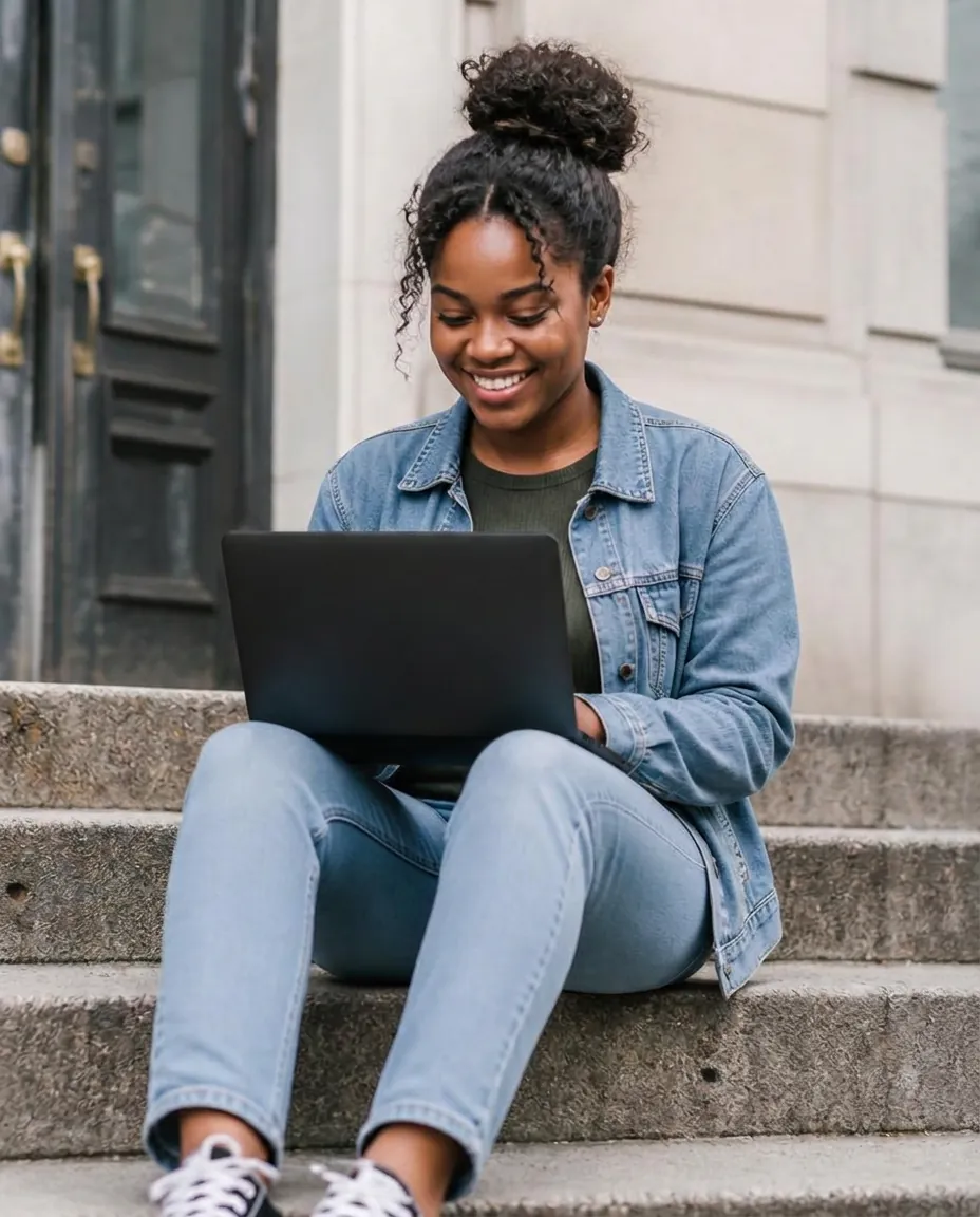 Woman smiling at her laptop on city steps