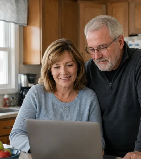 Couple checking their earnings on a laptop at home