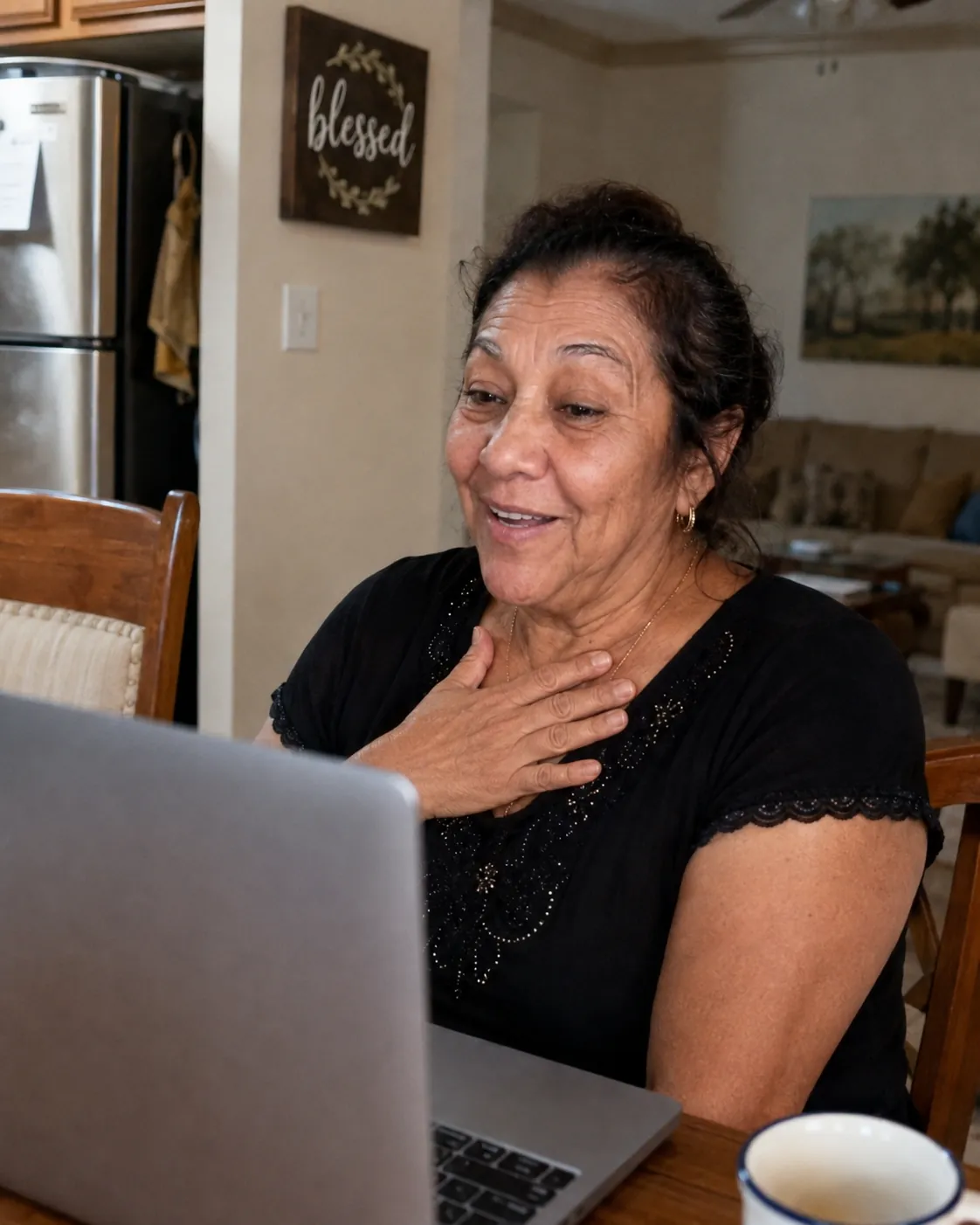 Woman smiling at her laptop at the kitchen table