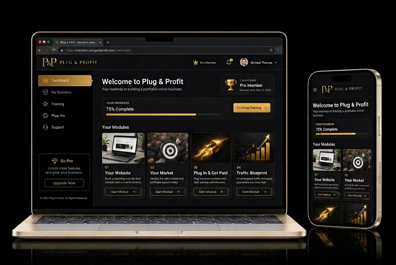 Plug & Profit members area dashboard shown on laptop and mobile